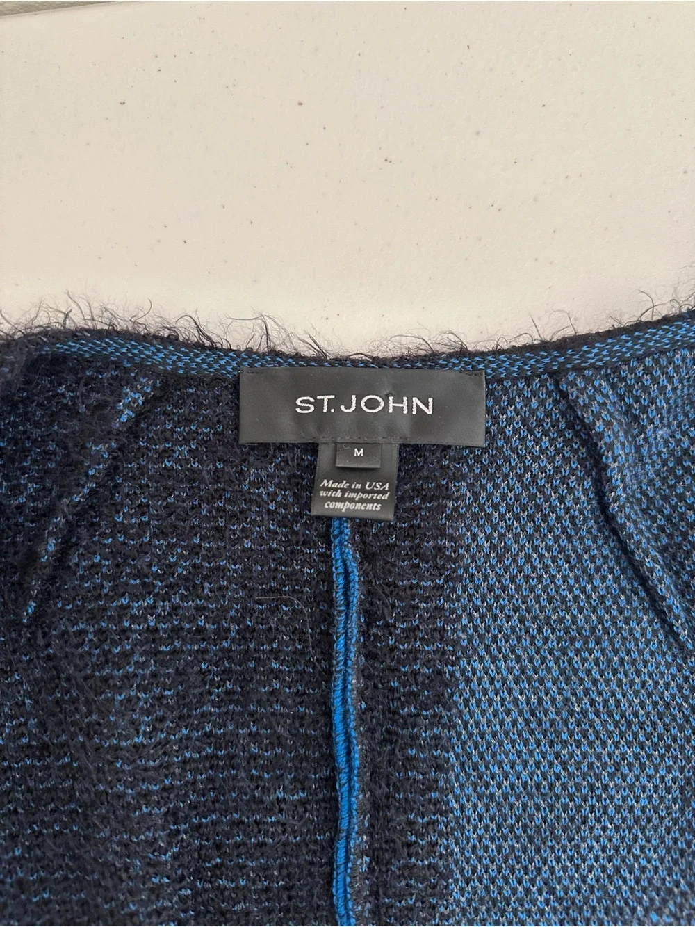 St. John Wool Blend Knit Cardigan Jacket Blue Black Size M Fringe Geometric